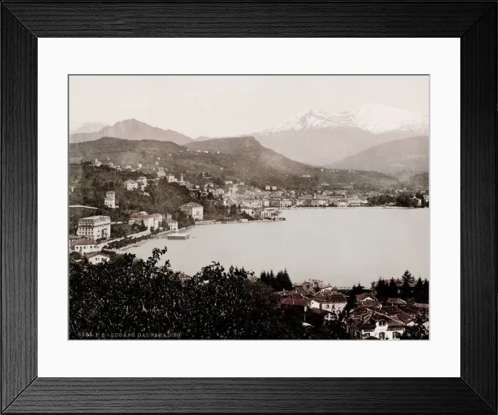 Framed Print : Vintage 19th century / 1900 photograph: town and lake of Lugano, Italy Framed Print : Vintage 19th century / 1900 photograph: town and lake of Lugano, Italy