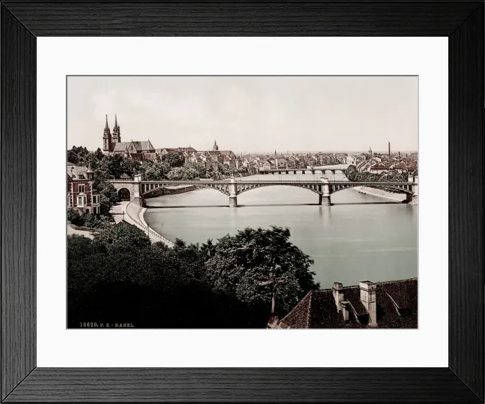 Framed Print : Vintage 19th century / 1900 photograph: Basel, Switzerland, city river and bridges Framed Print : Vintage 19th century / 1900 photograph: Basel, Switzerland, city river and bridges
