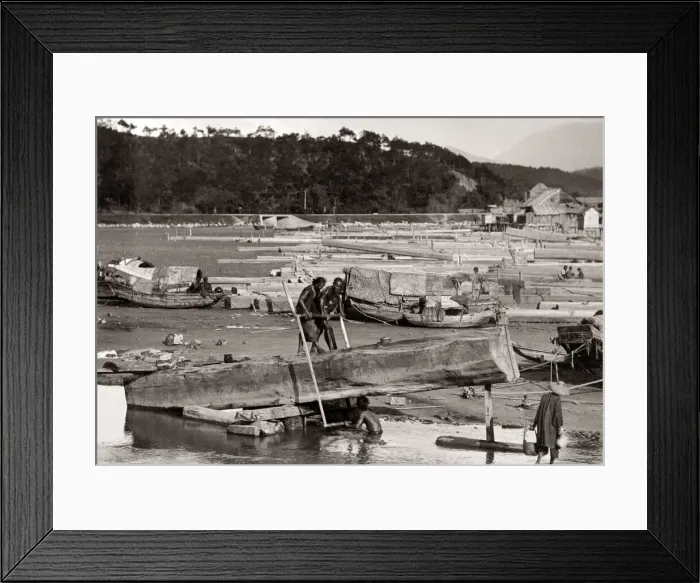 Framed Print : Boat builders in a shipyard, Hong Kong, c. 1900 Framed Print : Boat builders in a shipyard, Hong Kong, c. 1900