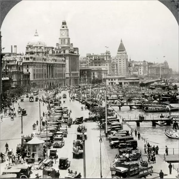 Traffic and boats along the Bund, Shanghai, China, c. 1920 Vintage early 20th century