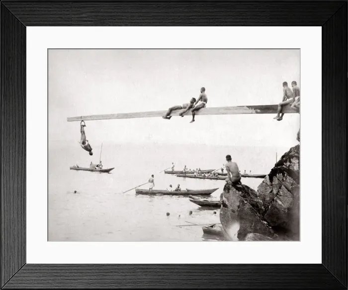 Framed Print : c. 1880s Japan - swimming, diving and boats, young Japanese men Framed Print : c. 1880s Japan - swimming, diving and boats, young Japanese men