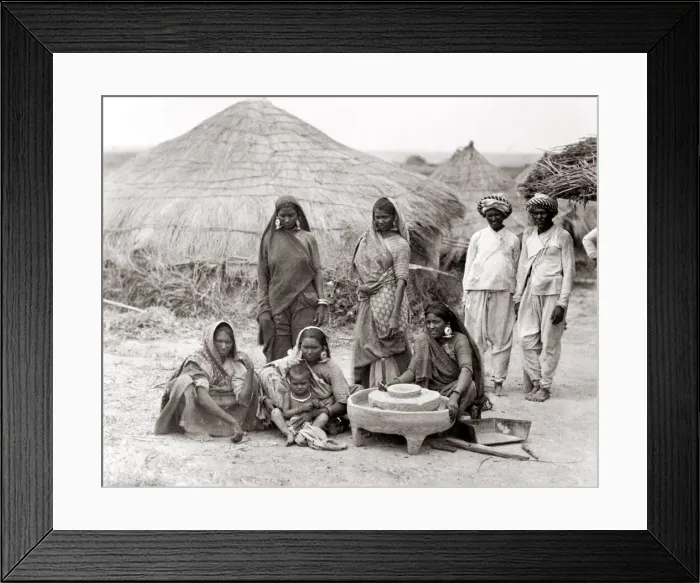 Framed Print : c. 1880s India - group of hill people, women grinding grain Framed Print : c. 1880s India - group of hill people, women grinding grain