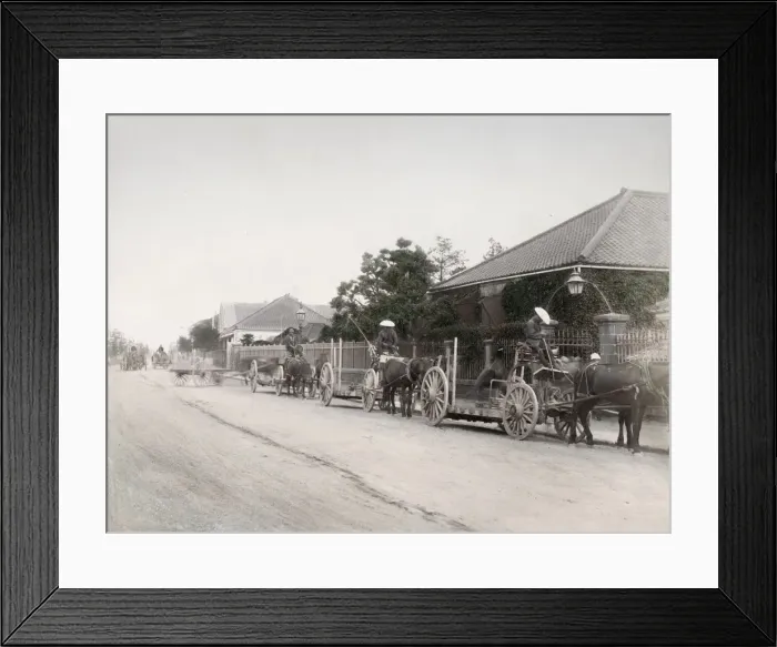 Framed Print : Vintage late 19th century photograph: Horse carts, cargo wagons, Bund, Yokohama, Japan Framed Print : Vintage late 19th century photograph: Horse carts, cargo wagons, Bund, Yokohama, Japan