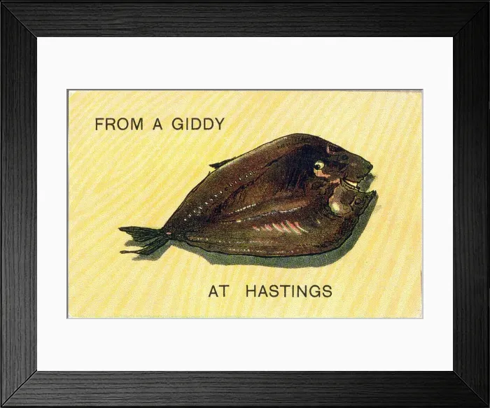 Framed Print : Comic postcard, From a giddy fish at Hastings Date: 20th century Framed Print : Comic postcard, From a giddy fish at Hastings Date: 20th century