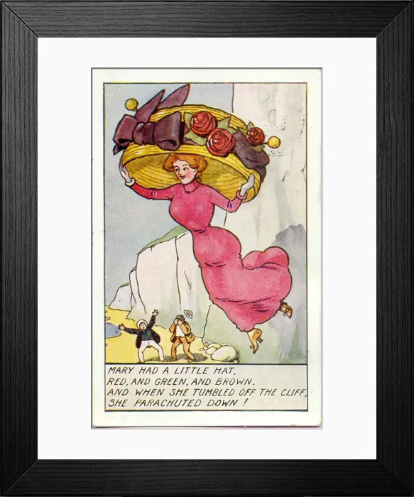Framed Print : Comic postcard, Edwardian woman in large hat parachuting down from a cliff at the seaside Framed Print : Comic postcard, Edwardian woman in large hat parachuting down from a cliff at the seaside