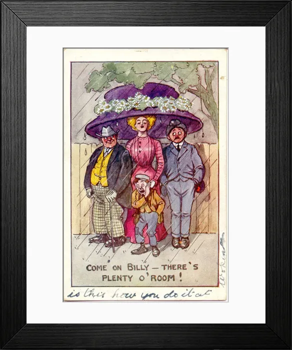 Framed Print : Comic postcard, Edwardian woman in large hat, providing shelter from the rain to two men Framed Print : Comic postcard, Edwardian woman in large hat, providing shelter from the rain to two men