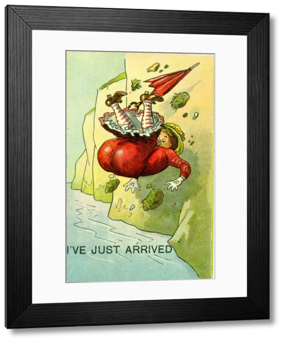 Framed Print : Comic postcard, Woman falling off a cliff at the seaside - I ve just arrived Date Framed Print : Comic postcard, Woman falling off a cliff at the seaside - I ve just arrived Date
