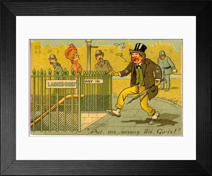Framed Print : Comic postcard, Ladies Only toilet - Put me among the girls! Date: early 20th century Framed Print : Comic postcard, Ladies Only toilet - Put me among the girls! Date: early 20th century