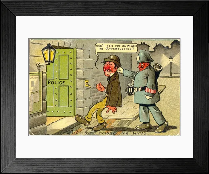 Framed Print : Comic postcard, Put me among the girls - Drunkard arrested. Date: early 20th century Framed Print : Comic postcard, Put me among the girls - Drunkard arrested. Date: early 20th century