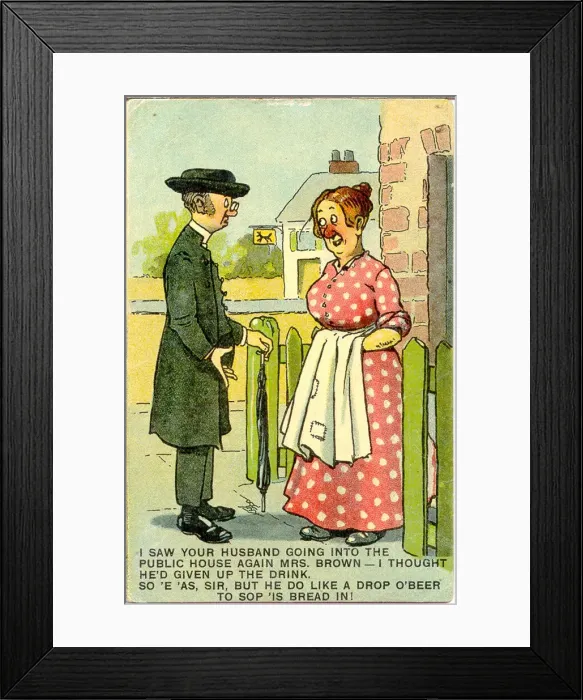 Framed Print : Comic postcard, Vicar and housewife Date: 20th century Framed Print : Comic postcard, Vicar and housewife Date: 20th century
