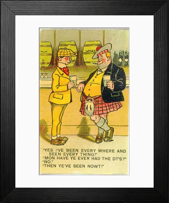 Framed Print : Comic postcard, Two men chatting in a public house Date: 20th century Framed Print : Comic postcard, Two men chatting in a public house Date: 20th century