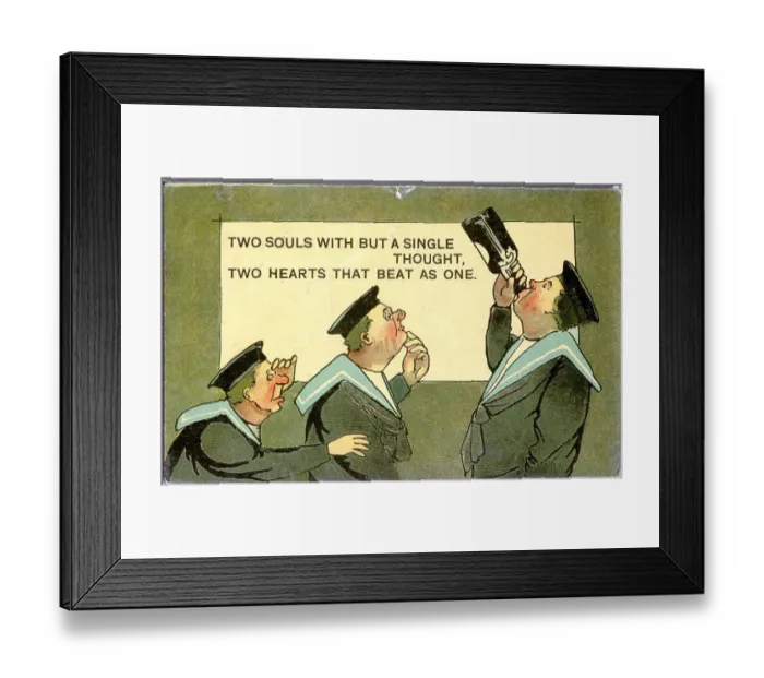 Framed Print : Comic postcard, Three sailors, one with a bottle, two without Date: 20th century Framed Print : Comic postcard, Three sailors, one with a bottle, two without Date: 20th century