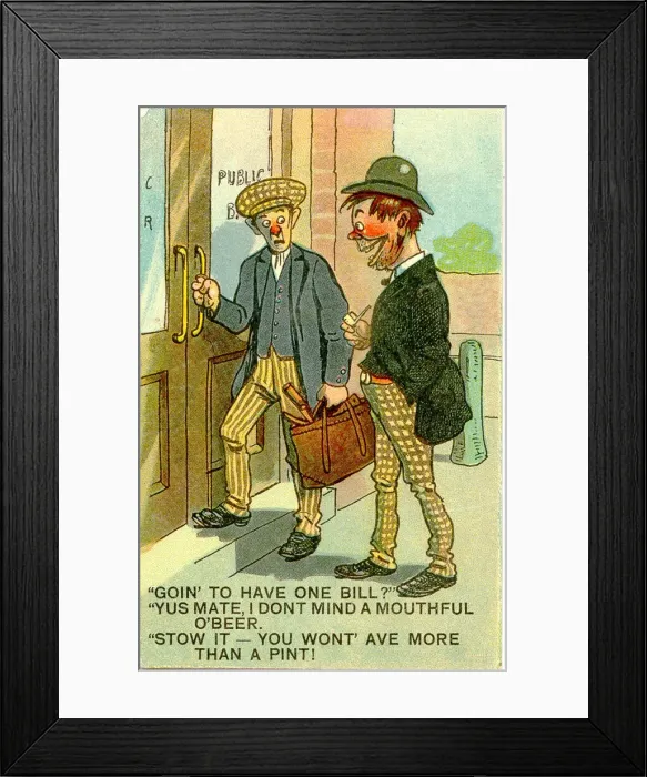 Framed Print : Comic postcard, Two men entering a public house Date: 20th century Framed Print : Comic postcard, Two men entering a public house Date: 20th century