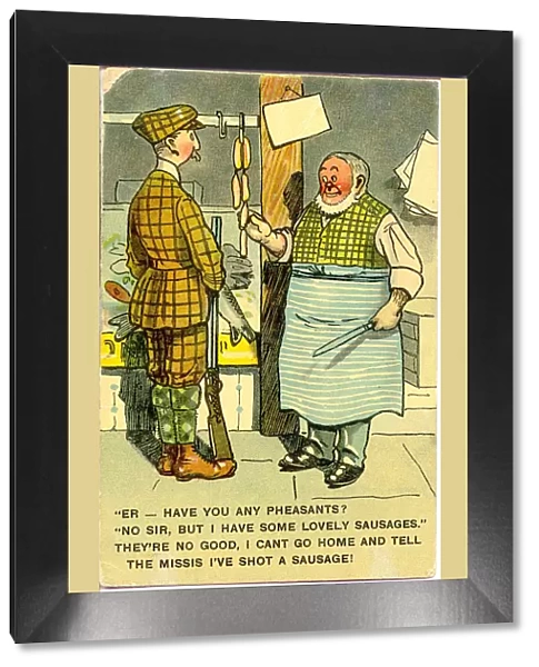Comic postcard, Customer in butchers shop Date: early 20th century