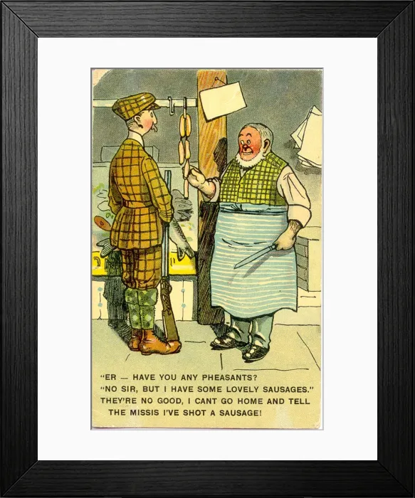 Framed Print : Comic postcard, Customer in butchers shop Date: early 20th century Framed Print : Comic postcard, Customer in butchers shop Date: early 20th century
