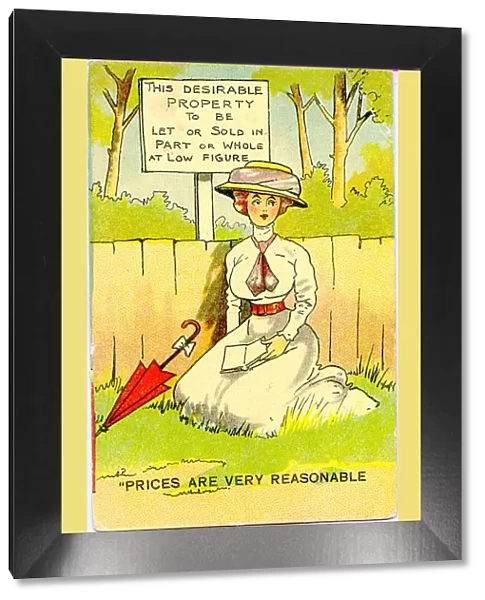 Comic postcard, Woman sitting in a park Date: early 20th century