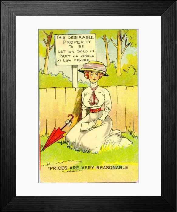 Framed Print : Comic postcard, Woman sitting in a park Date: early 20th century Framed Print : Comic postcard, Woman sitting in a park Date: early 20th century