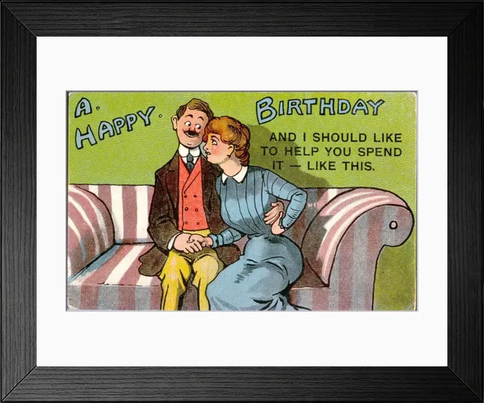 Framed Print : Birthday postcard, Couple on a sofa Date: 20th century Framed Print : Birthday postcard, Couple on a sofa Date: 20th century