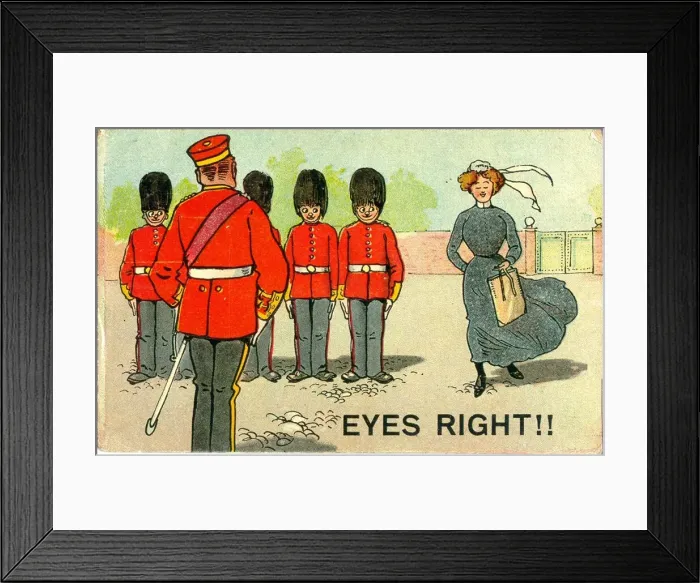 Framed Print : Comic postcard, Soldiers admire pretty woman - eyes right!! Date: 20th century Framed Print : Comic postcard, Soldiers admire pretty woman - eyes right!! Date: 20th century