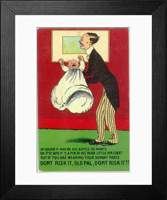 Framed Print : Comic postcard, Man holding a crying baby Date: early 20th century Framed Print : Comic postcard, Man holding a crying baby Date: early 20th century