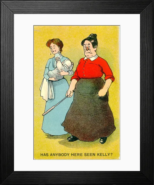 Framed Print : Comic postcard, Crying woman holding a baby, with angry mother - Has anybody here seen Framed Print : Comic postcard, Crying woman holding a baby, with angry mother - Has anybody here seen