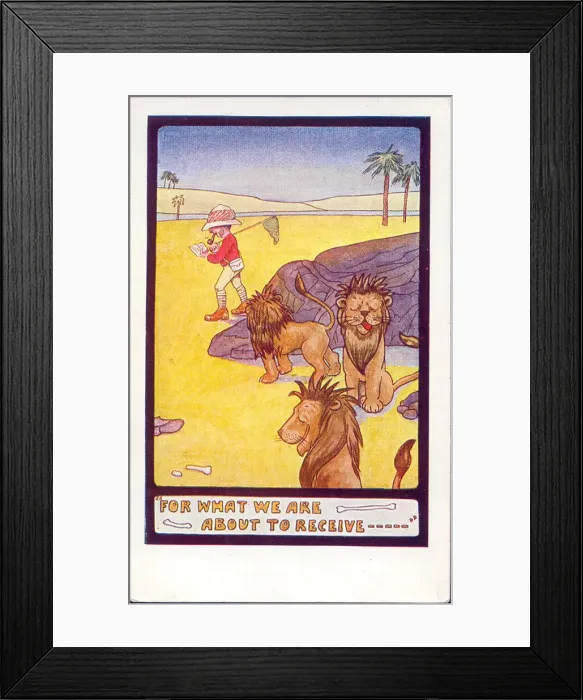 Framed Print : Comic postcard, Hungry lions - For what we are about to receive Framed Print : Comic postcard, Hungry lions - For what we are about to receive