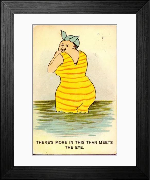 Framed Print : Comic postcard, Woman bathing in the sea Date: 20th century Framed Print : Comic postcard, Woman bathing in the sea Date: 20th century