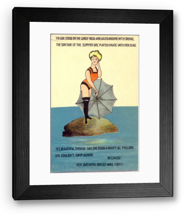 Framed Print : Comic postcard, Woman standing on a rock in the sea Date: early 20th century Framed Print : Comic postcard, Woman standing on a rock in the sea Date: early 20th century