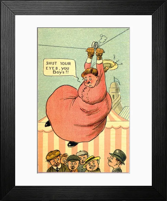 Framed Print : Comic postcard, Scene at a fun fair - Shut your eyes, you boys!! Date: 20th century Framed Print : Comic postcard, Scene at a fun fair - Shut your eyes, you boys!! Date: 20th century