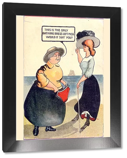 Comic postcard, Woman offers bathing dress Date: early 20th century