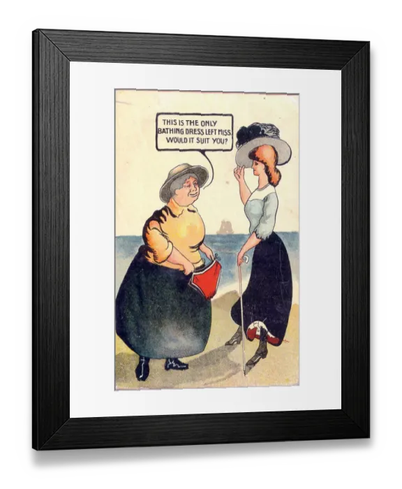 Framed Print : Comic postcard, Woman offers bathing dress Date: early 20th century