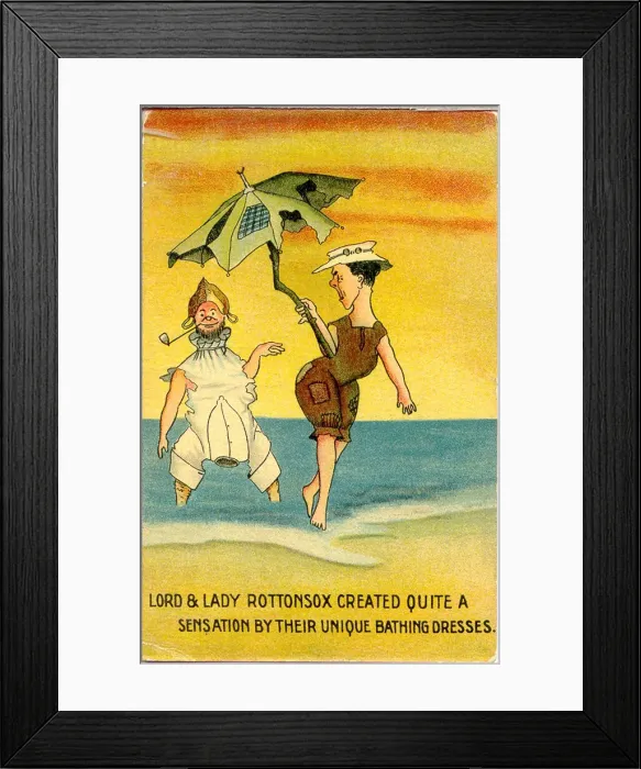 Framed Print : Comic postcard, Couple in strange bathing costumes Date: early 20th century Framed Print : Comic postcard, Couple in strange bathing costumes Date: early 20th century