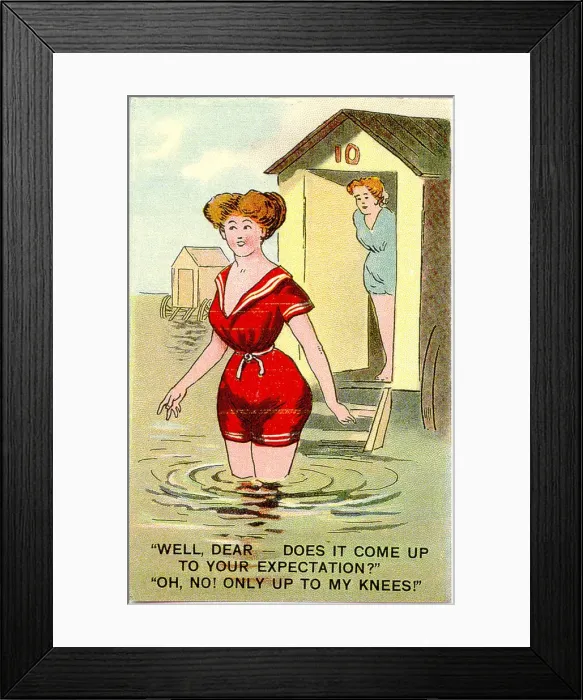 Framed Print : Comic postcard, Woman bathing in the sea - only up to my knees! Date: 20th century Framed Print : Comic postcard, Woman bathing in the sea - only up to my knees! Date: 20th century