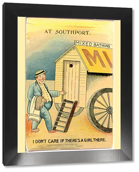 Comic postcard, Man approaches bathing hut - mixed bathing Date: 20th century