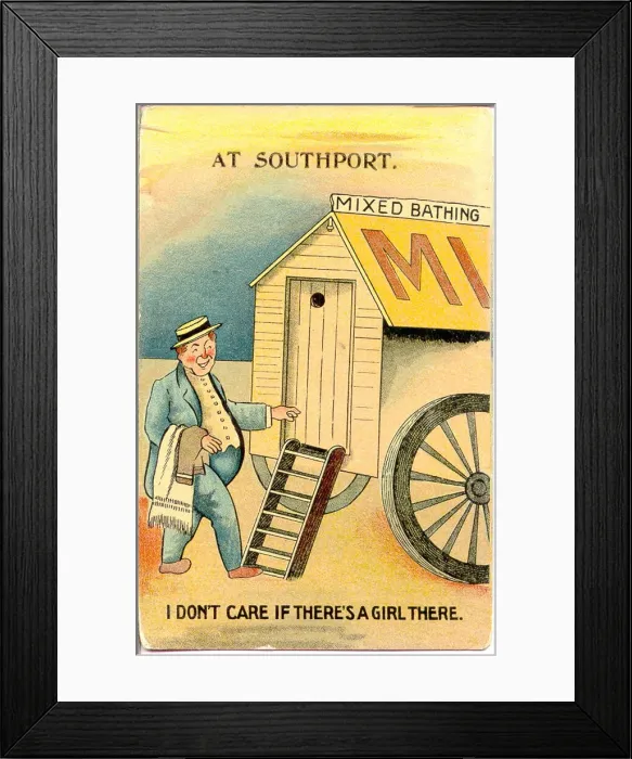 Framed Print : Comic postcard, Man approaches bathing hut - mixed bathing Date: 20th century Framed Print : Comic postcard, Man approaches bathing hut - mixed bathing Date: 20th century