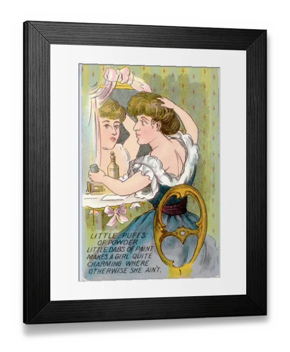 Framed Print : Comic postcard, Woman at her dressing table, improving her appearance with makeup Framed Print : Comic postcard, Woman at her dressing table, improving her appearance with makeup