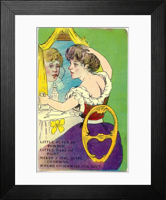 Framed Print : Comic postcard, Woman at her dressing table, improving her appearance with makeup Framed Print : Comic postcard, Woman at her dressing table, improving her appearance with makeup