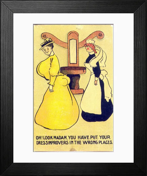 Framed Print : Comic postcard, Woman with dress improvers the wrong way round Framed Print : Comic postcard, Woman with dress improvers the wrong way round