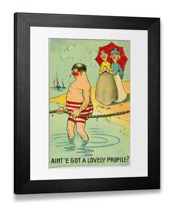 Framed Print : Comic postcard, Two women watch a man bathing in the sea Date: 20th century Framed Print : Comic postcard, Two women watch a man bathing in the sea Date: 20th century