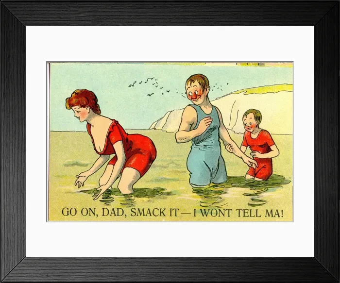 Framed Print : Comic postcard, Man, boy and pretty young woman bathing in the sea Date: 20th century Framed Print : Comic postcard, Man, boy and pretty young woman bathing in the sea Date: 20th century
