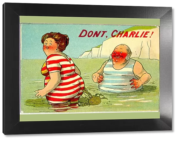Comic postcard, Man and woman bathing in the sea - and a crab! Date: 20th century