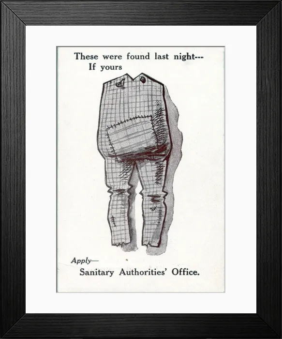Framed Print : Comic postcard, Lost and found clothing Date: 20th century Framed Print : Comic postcard, Lost and found clothing Date: 20th century