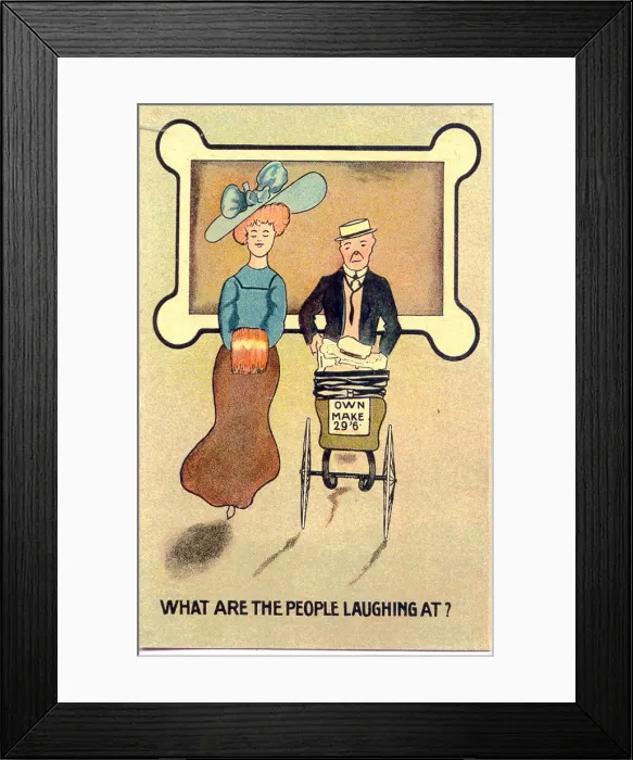 Framed Print : Comic postcard, Couple with baby in pram - What are the people laughing Framed Print : Comic postcard, Couple with baby in pram - What are the people laughing