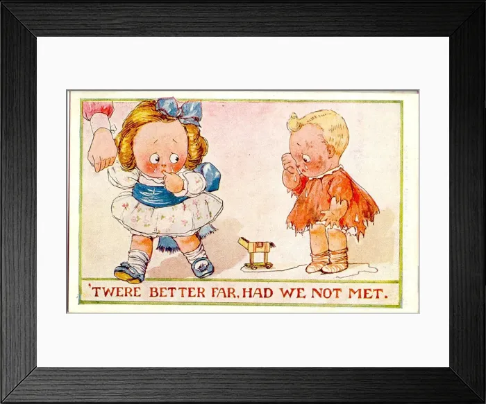 Framed Print : Comic postcard, Girl and boy falling out over broken toy Date: 20th century Framed Print : Comic postcard, Girl and boy falling out over broken toy Date: 20th century