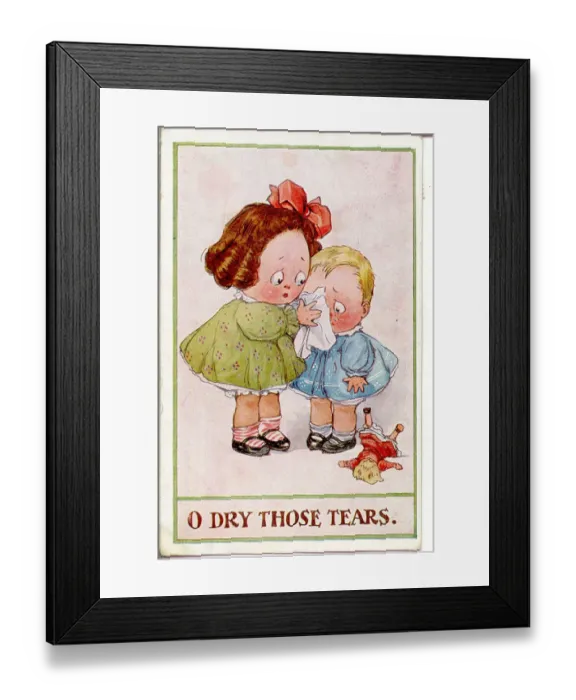 Framed Print : Comic postcard, Girl comforts crying boy Date: 20th century Framed Print : Comic postcard, Girl comforts crying boy Date: 20th century