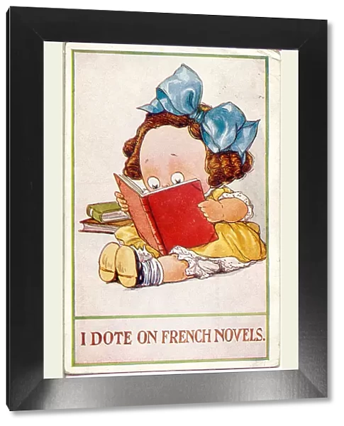 Comic postcard, Girl reading a French novel Date: 20th century