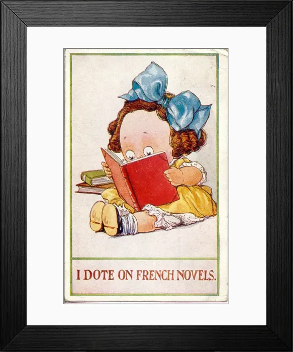 Framed Print : Comic postcard, Girl reading a French novel Date: 20th century Framed Print : Comic postcard, Girl reading a French novel Date: 20th century