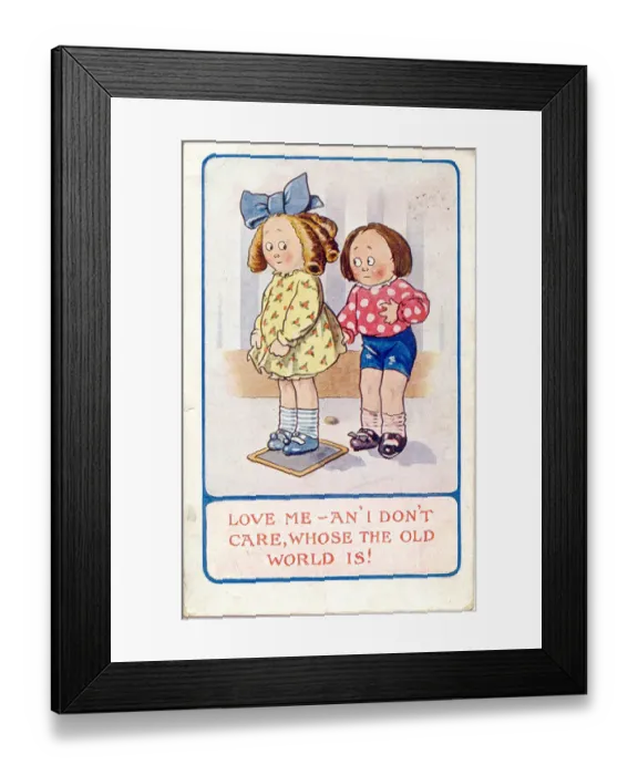 Framed Print : Comic postcard, Girl and boy courtship scene Date: 20th century Framed Print : Comic postcard, Girl and boy courtship scene Date: 20th century