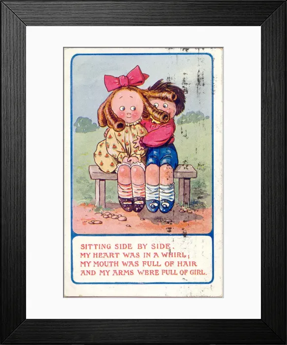 Framed Print : Comic postcard, Girl and boy sitting on a bench Date: 20th century