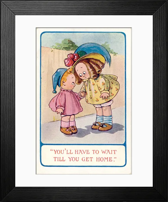 Framed Print : Comic postcard, Girl and boy walking home Date: 20th century Framed Print : Comic postcard, Girl and boy walking home Date: 20th century